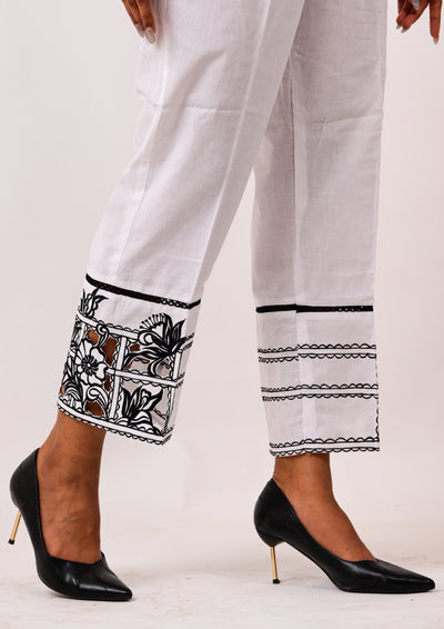 White Checkered Embroidered pants