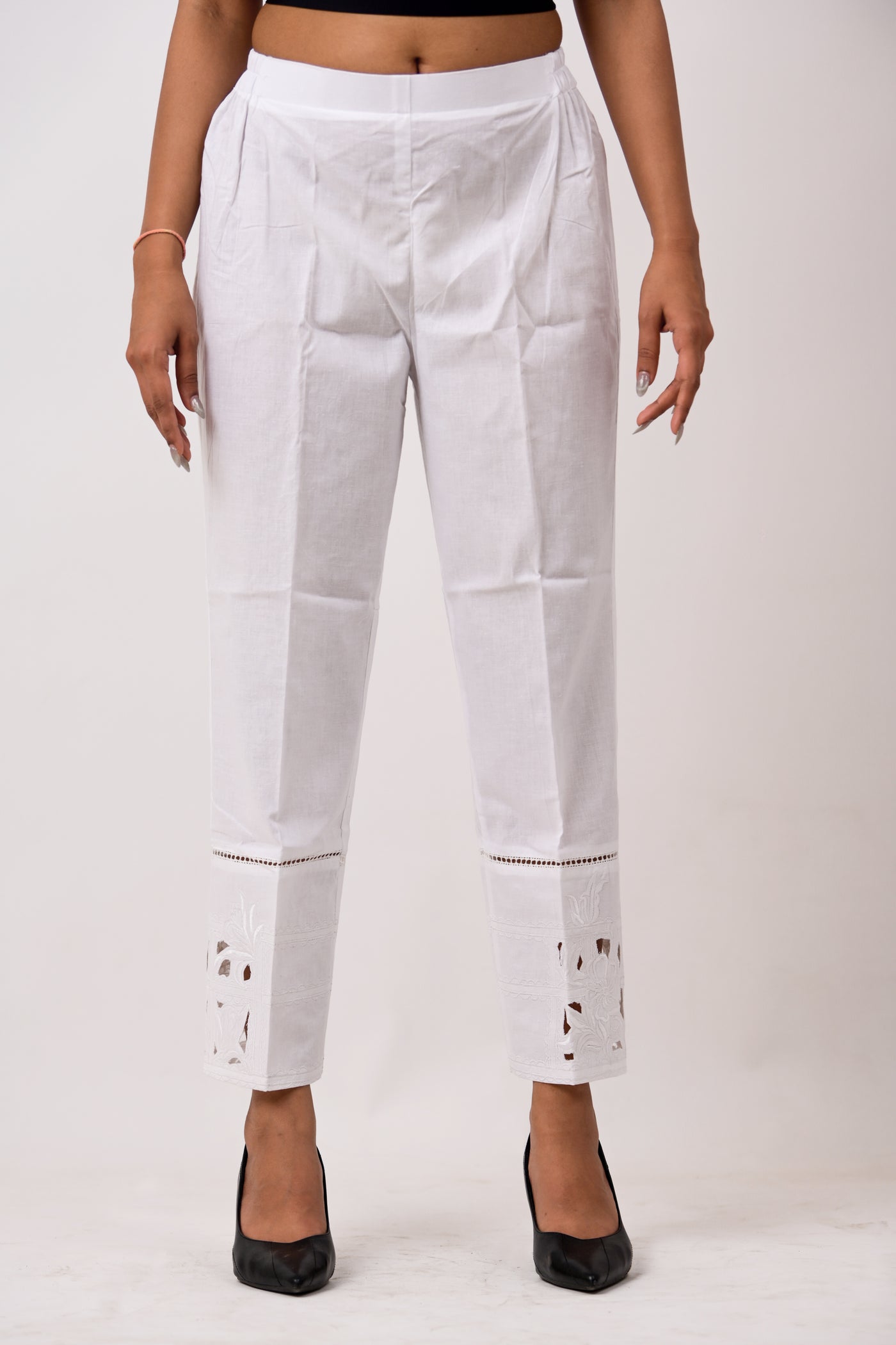 White on white Checkered Embroidered pants