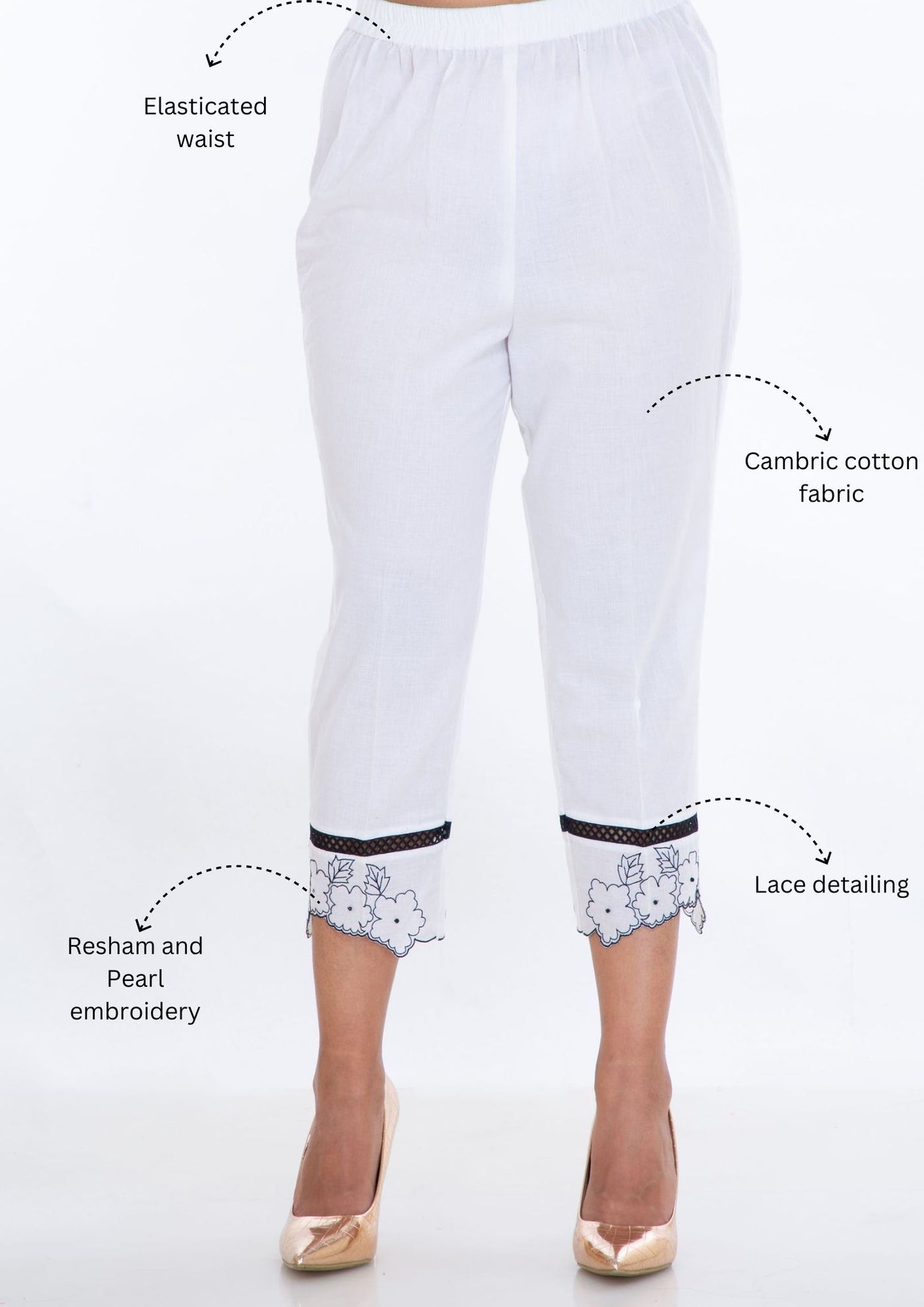 White Floral Embroidered Pants-shopsneh