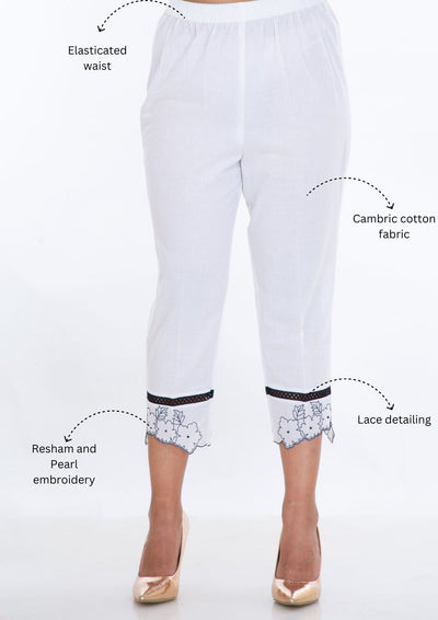 White Floral Embroidered Pants-shopsneh